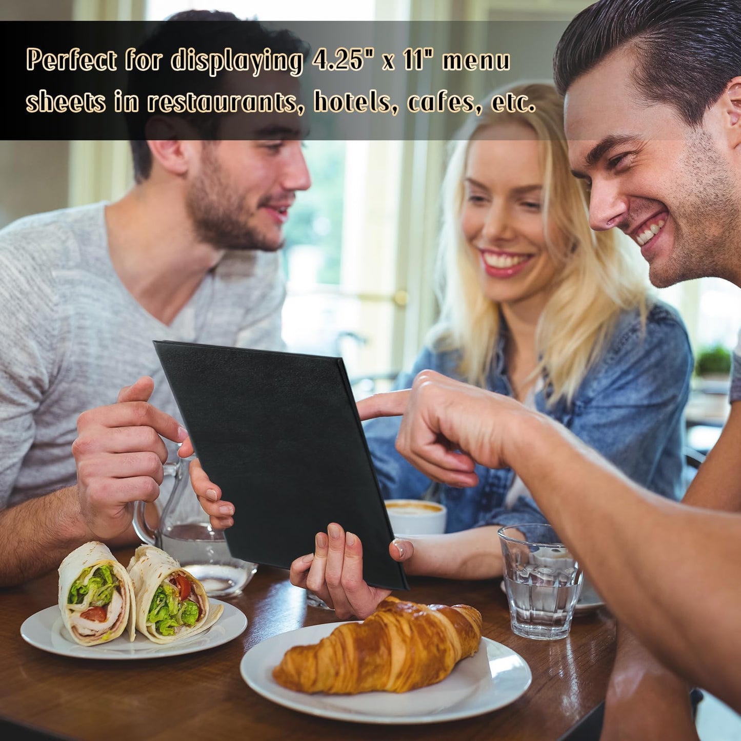 FLKQC 15 Pack Restaurant Menu Covers Holders 4.25" X 11", 3 Page 4 View Synthetic Leather Menu Holder Covers Book Style with Angled Corners Black for Wine List, Morning Menu, Wine Menu (15, 3 Page)
