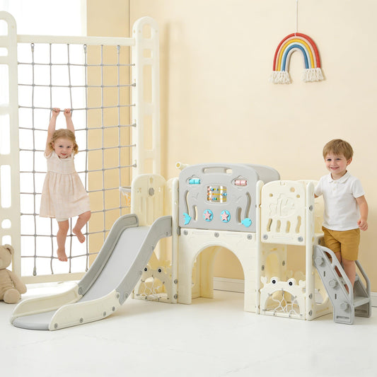 SENCHO GINSYTALIOR 11-in-1 Multi-Activity Toddler Playset with Slide, Basketball Hoop & Telescope - Indoor/Outdoor Playground (Gray+Beige)