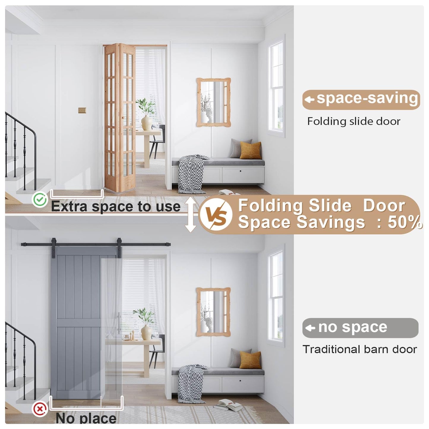 EaseLife Bifold Closet Door,for 32in x 80in (Double 16x80) Opening,French Glass Barn Doors with 2.66FT Concealed Bi-Fold Sliding Hardware Kit Included,Preassembled Door,Easy Install,DIY staining