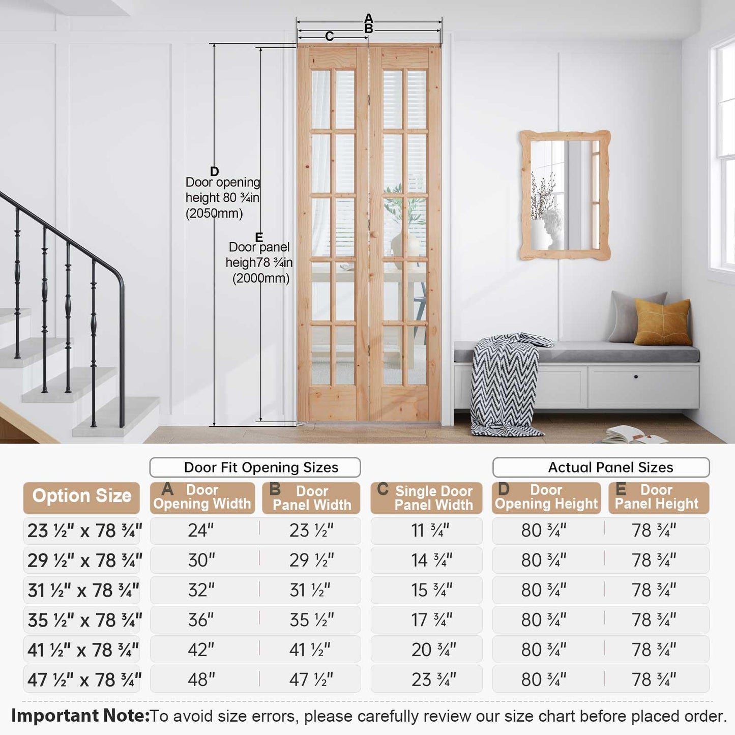 EaseLife Bifold Closet Door,for 24in x 80in (Double 12x80) Opening,French Glass Barn Doors with 2FT Concealed Bi-Fold Sliding Hardware Kit Included,Preassembled Door,Easy Install,DIY staining