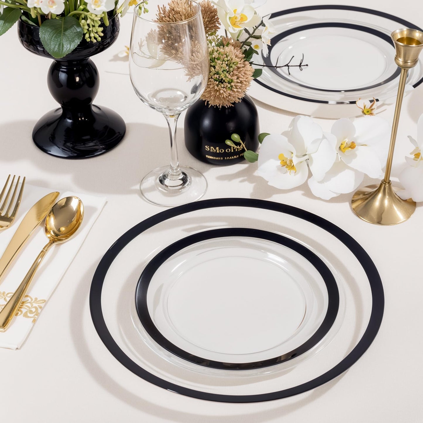 supernal 120PCS Black Rimmed Clear Plastic Plates, Heavy Duty Disposable Dinnerware Set - 60 Dinner & 60 Dessert Plates for 2026 Graduation Party, Black and White Wedding Reception & Elegant Catering