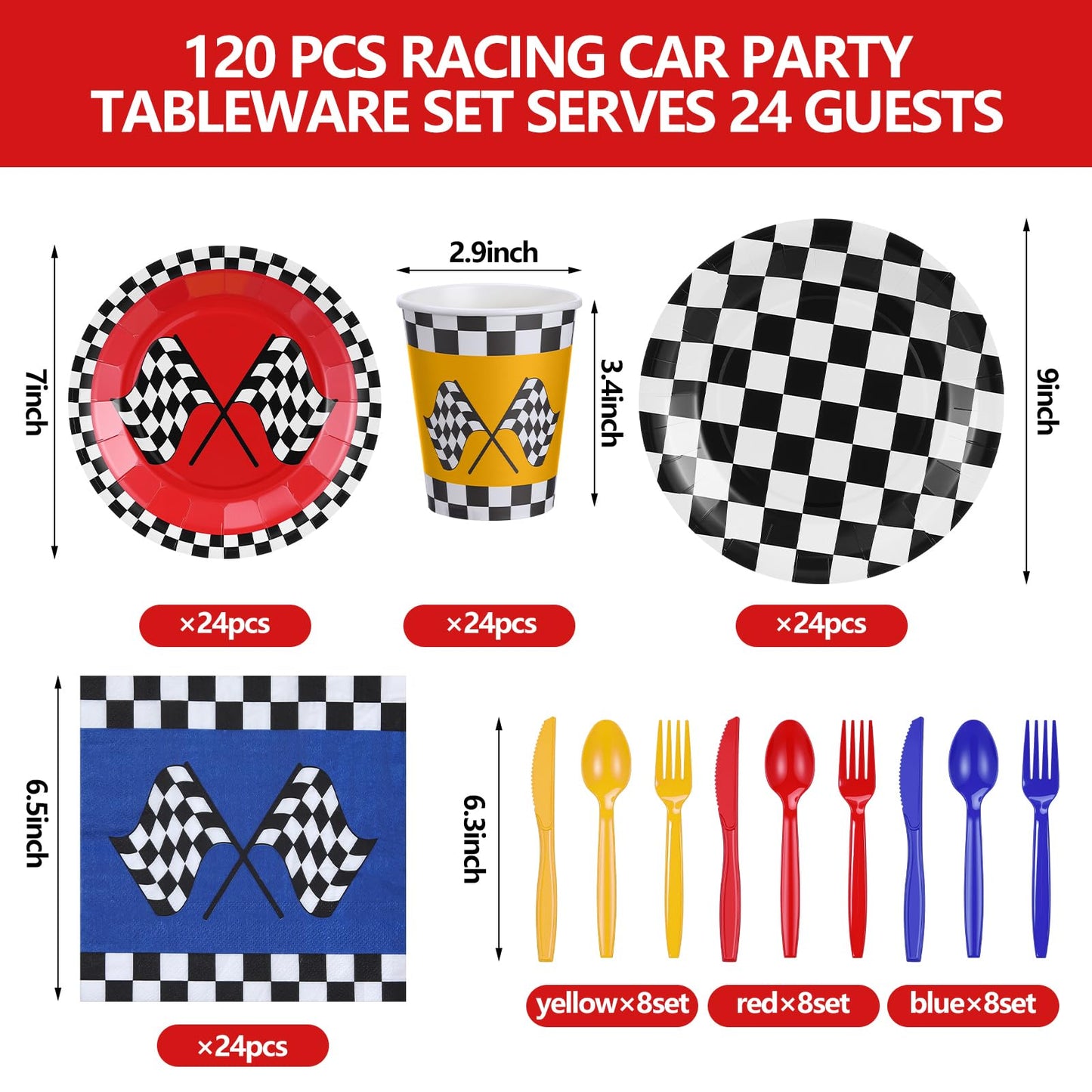 120 Pcs Race Car Birthday Decorations Fast One Party Tableware Set Blue Red Yellow Checker Flag Party Supplies If You Ain't First You're Last Paper Plates Napkin Cups Forks Knives Spoon for 24 Guest
