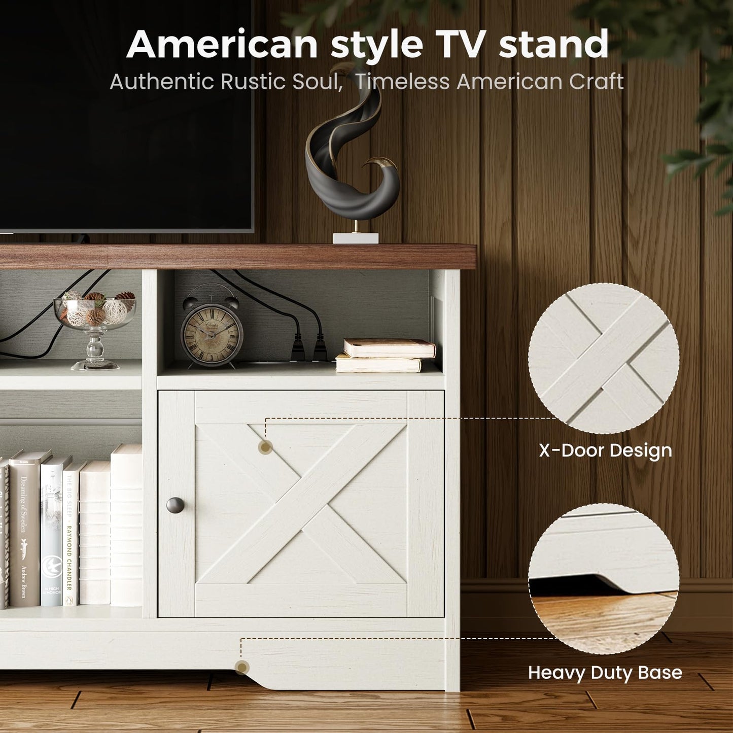 Casaottima TV Stand for 65 Inch TV, Farmhouse Entertainment Center with Power Outlet & LED Light and Storage Cabinets, Console Table and Media Furniture for Living Room Bedroom, White