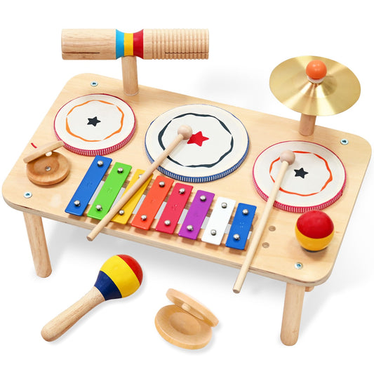 WINYGZ 9-in-1 Baby Drum Set, Low Noise Montessori Musical Instruments for Toddlers 1-3, Safe & Durable Wooden Music Toys for Quiet Sensory Play at Home, Great Birthday for Boys Girls