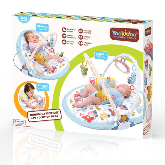 Yookidoo Baby Gym Urban Lay to Sit-Up Playmat. 3-in-1 Newborns Activity Center with Tummy Time Toys, Pillow & Infant Miror. 0-12 Month