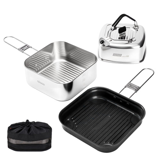 Alocs Camping Cookware Set, Stainless Steel Pot, 7-inch Non-Stick Pan, Portable Kettle, Outdoor Cooking System with Carry Bag for Kitchen, Picnic, Hiking, Backpacking,Fishing and Campfire