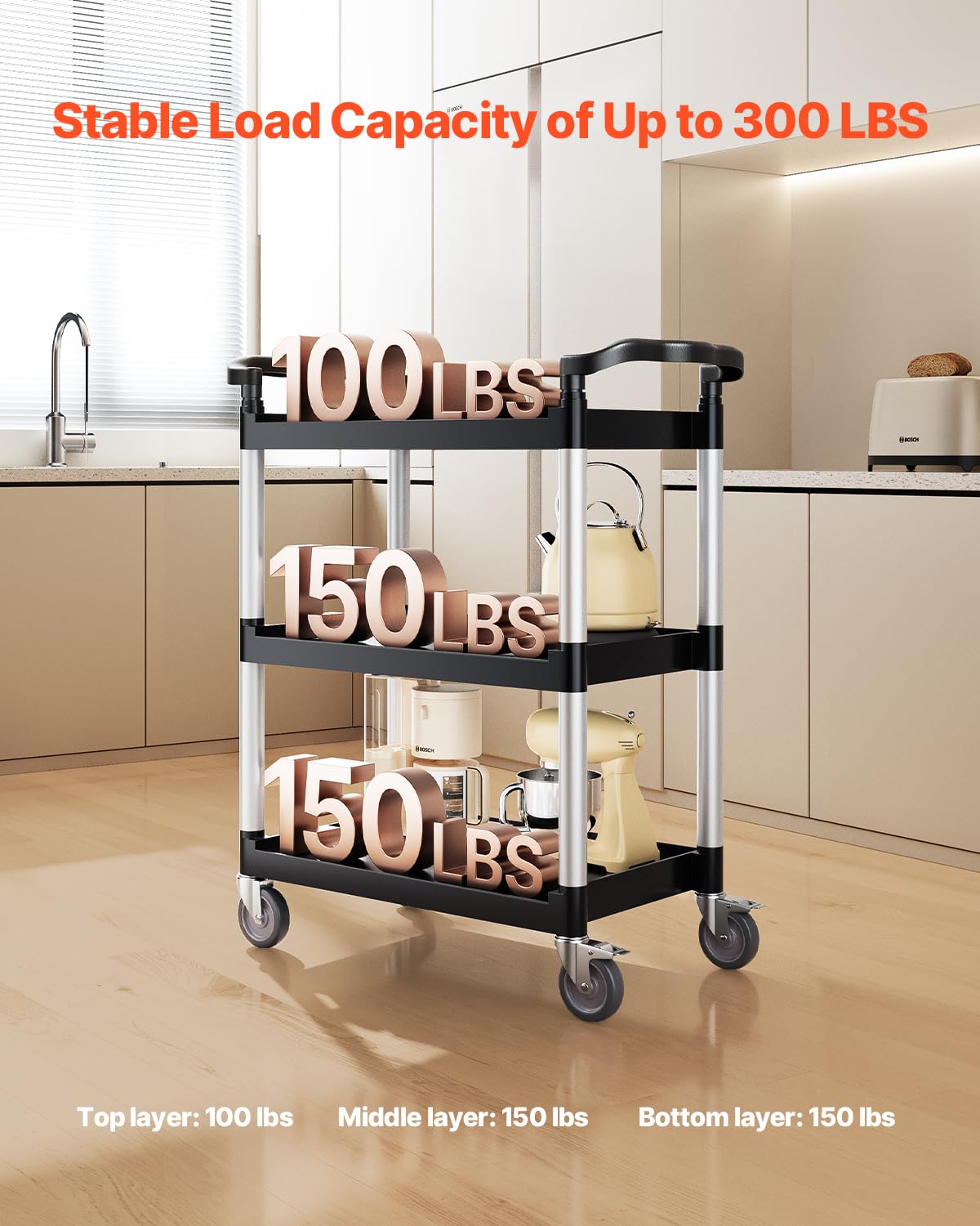 VEVOR Utility Cart, 300 lbs Load Capacity, 3-Tier Utility Plastic Cart with 360° Swivel Wheels (2 with Brakes), 24.4 x 16.1-inch Food Service Cart for Warehouse, Office, Home, Restaurant, Kitchen