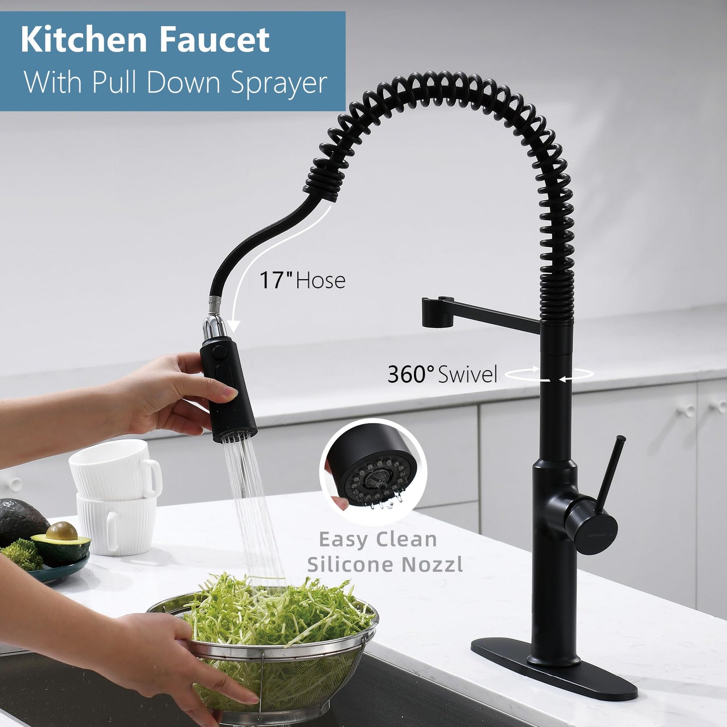 Lavatrum Brass Matte Black Kitchen Faucets, Brass 22 inch Commercial High Arc Single Handle Kitchen Faucets for Pull Down Sprayer Modern Spring with Deck Plate