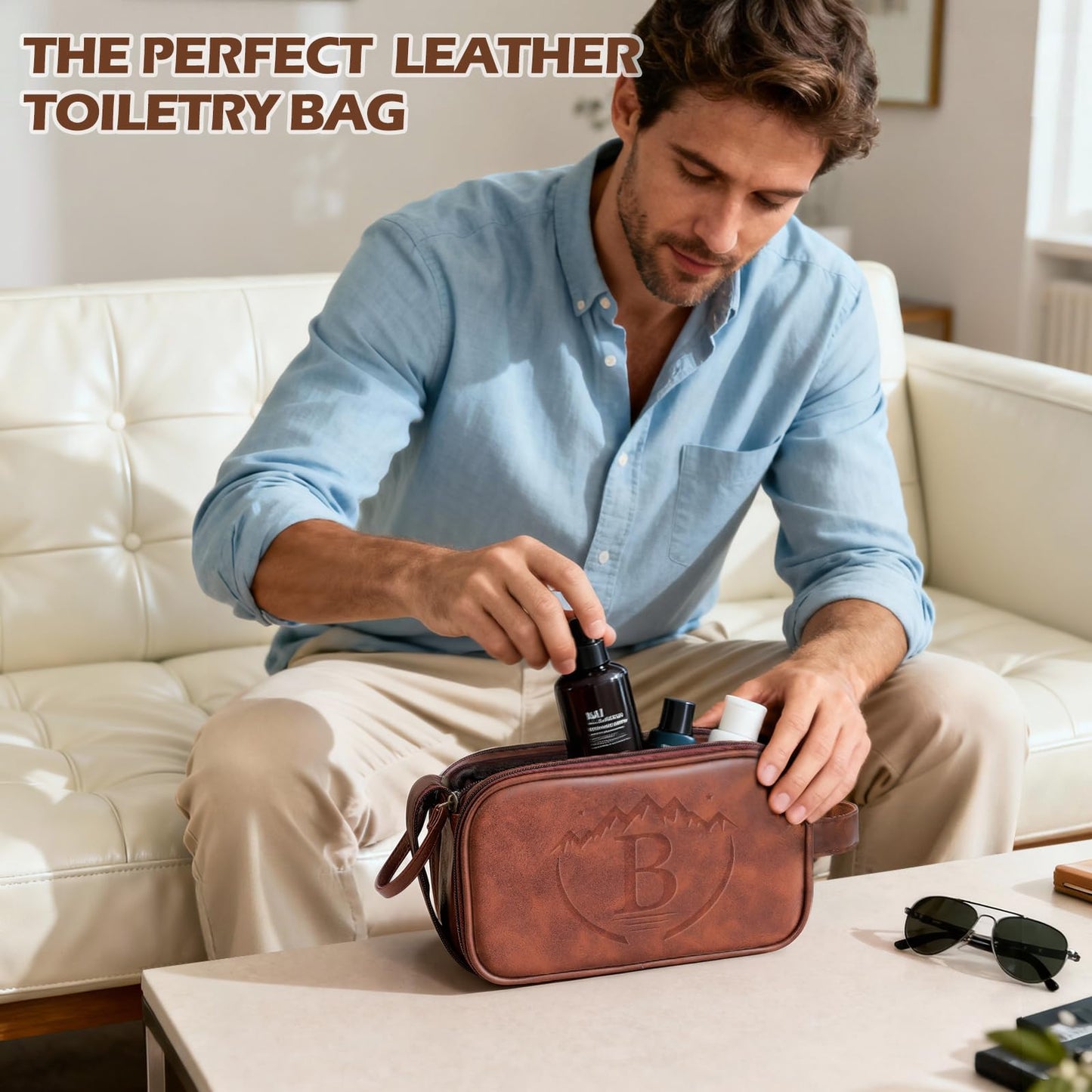 Personalized PU Leather Toiletry Bag for Men, Engraved Initials Waterproof Toiletry Travel Bag, Large Capacity Portable Shaving Bag Travel Essential, Unique Birthday Gift for Men Dad Husband Him,B