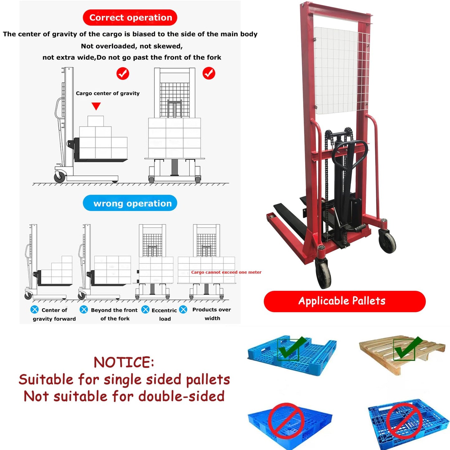 Banfluxion Manual Hydraulic Pallet Stacker Truck 4410 lbs Load Capacity 63" Lift Height Professional Mannual Forklift Forklift Pallet Truck Dolly for Open-Bottom Block Pallets