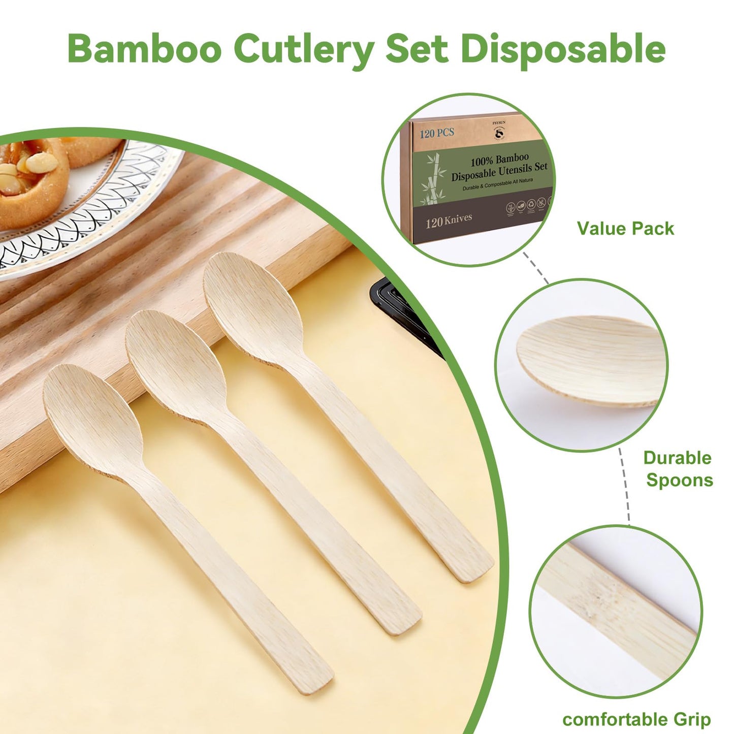 100% Bamboo Disposable Spoons | Compostable Biodegradable Eco-Friendly Utensils for Soup, Dessert & Daily Use for Party & Camping (120 Spoons)