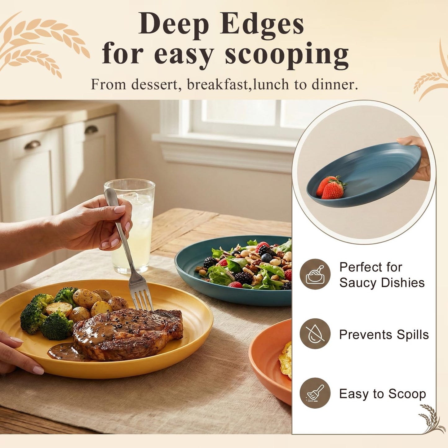 BUSOKIP Wheat Straw Plates Set for 8, Unbreakable & Lightweight Dinner Plates 9 Inch, Plastic Plates Reusable, Microwave and Dishwasher Safe Kitchen Plate for Outdoor, Camping, Picnic- Multi