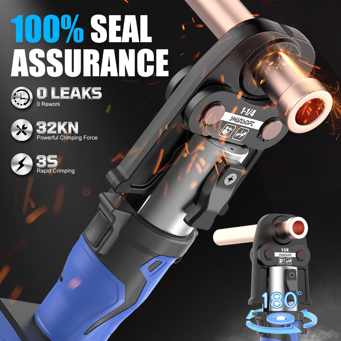 SWANSOFT Pro Press Tool, Copper Pipe Crimping Tool with 18V 4Ah Battery Pro Press Copper Crimper Tool with 4 US Standard Jaws 1/2", 3/4'', 1", 1-1/4", Electric Hydraulic Plumbing Crimping Tool - Blue