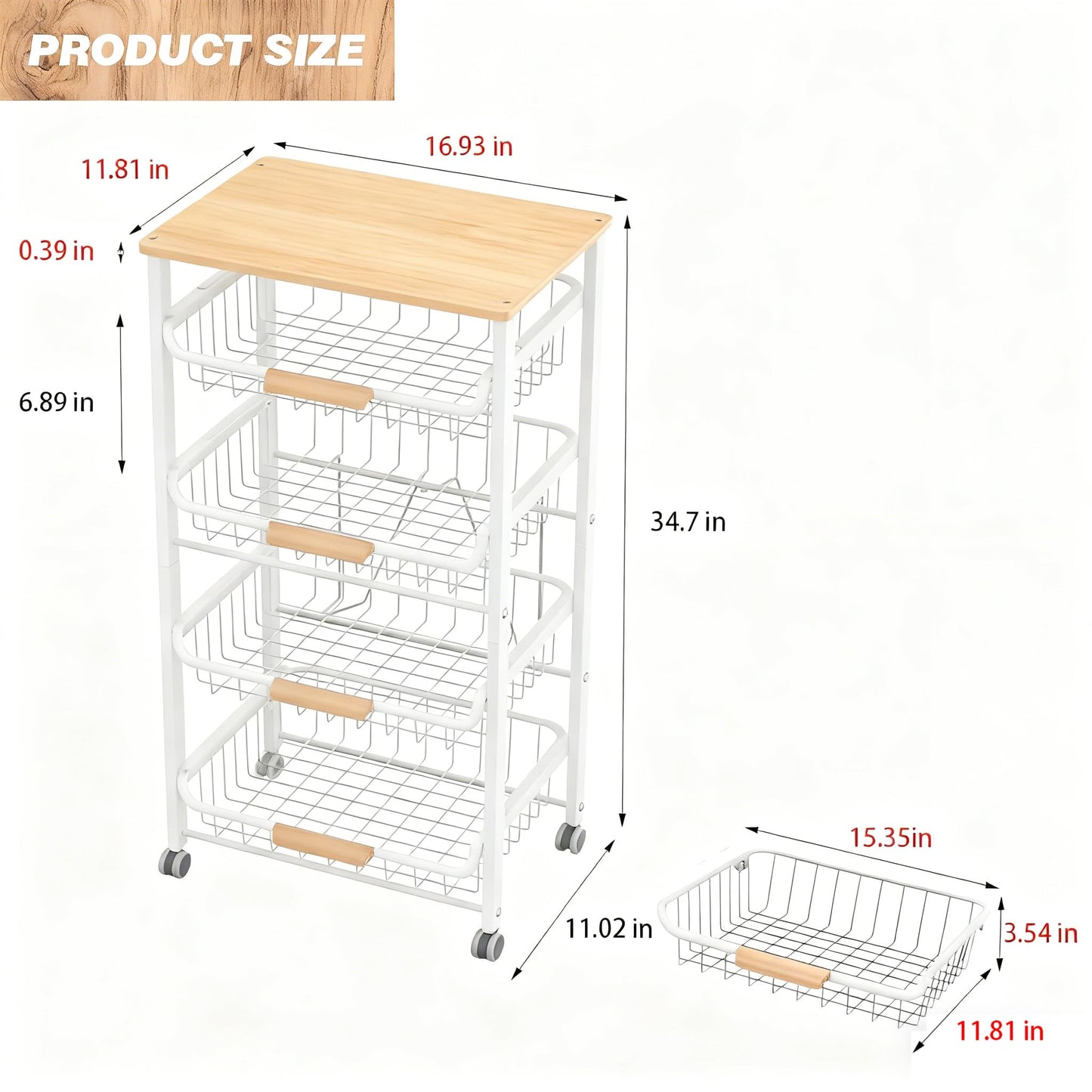 ULIKEUS 5-Tier Rolling Pantry Floor Storage Cart with Wheels&Wood Top, Large Capacity Kitchen Organization Fruit Wire Basket Stand for Pantry, Bathroom, Living Room,White
