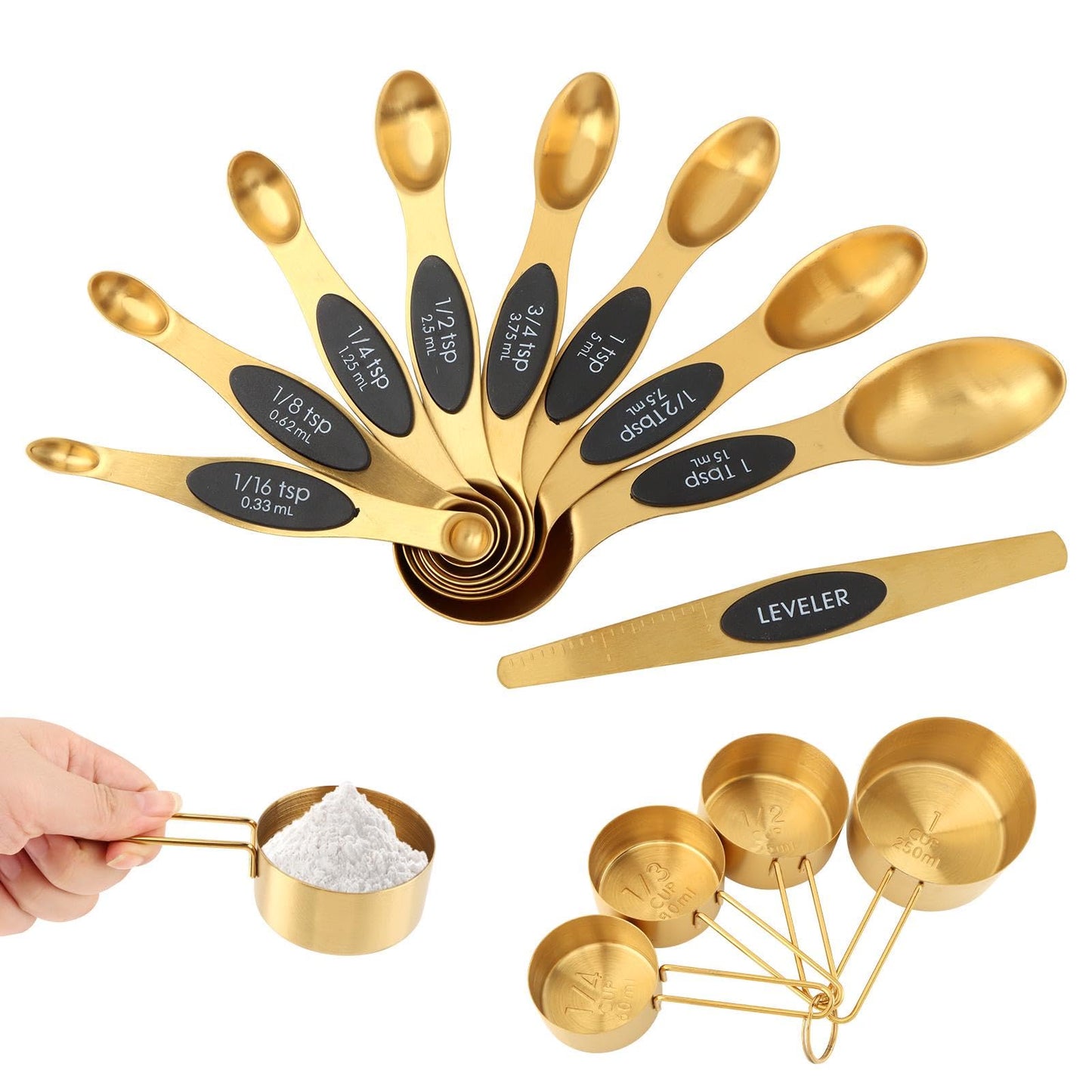 13Pcs Magnetic Measuring Spoons Set,Stainless Steel Measurin g Cups,8 Dual Sided Magnetic Measuring Spoons with Leveler,4 Nesting Measurings Cups for Liquid and Dry Ingredients(Golden,Size:Multi size)