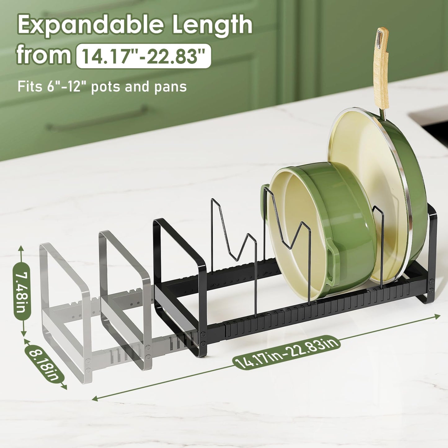 MUDEELA Pot Rack Pan Organizer inside Cabinet - Expandable Pot Lid Organizer for Cabinet with 12 Adjustable Dividers, Cutting Board Organizer Holder Baking Rack Kitchen Cabinet Storage Organization