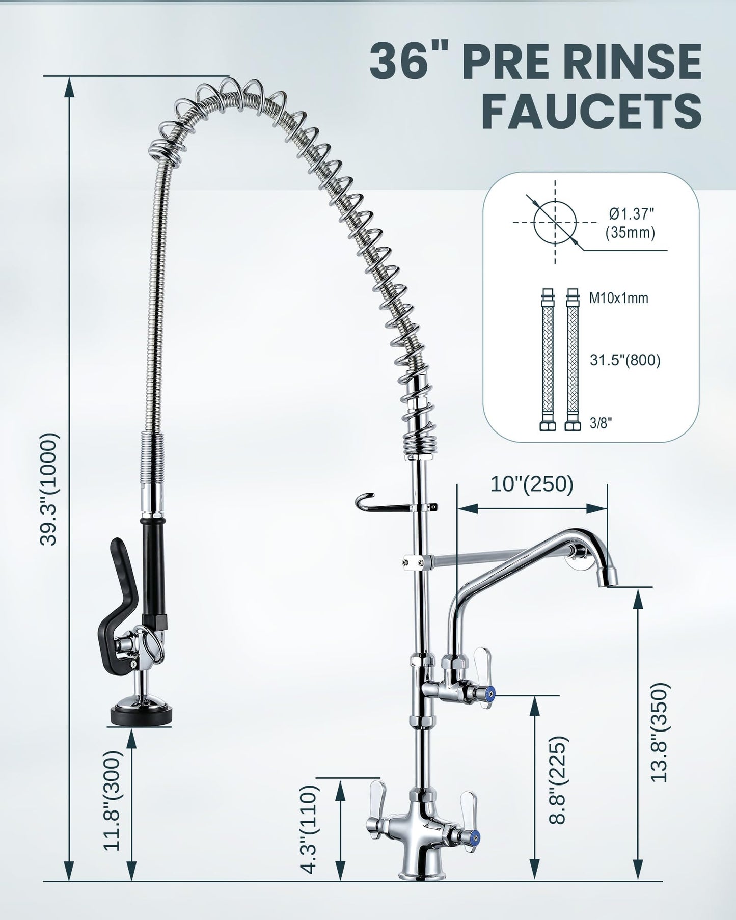 iVIGA Single Hole 39" Height Commercial Kitchen Faucet Deck Mount with Pre-Rinse Sprayer, Commercial Sink Faucet with 10" Add-on Swing Spout & Spring Pull Down Sprayer for Restaurant Hotel
