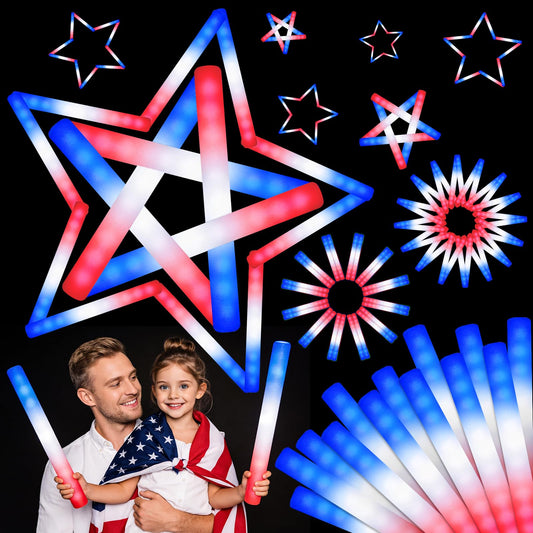 OLUPP 58 Pcs July 4th Glow Sticks, Foam Glow Sticks for 4th July, Red White Blue Glow in the Dark for Kids & Adults, Patriotic LED Light Up Supplies for Independence Day, Party Favors