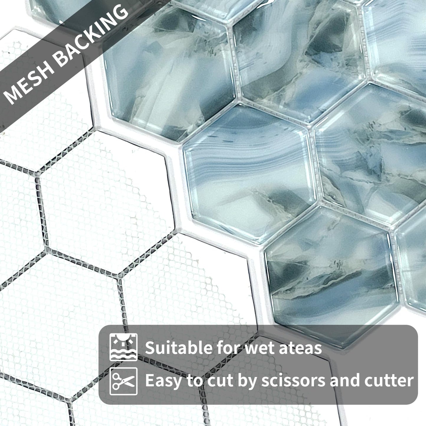 5 Sheets Ink Wash Black Hexagon Glass Mosaic,Pool Tiles,12" x 10" Kitchen Backsplash Tile