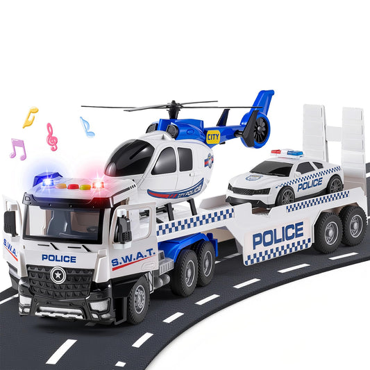 WEMOKA Police Truck Toys for Toddler Boy 3 4 5 6 Year Old, 22.5" Semi Truck Toy with Racing Car and Helicopter, Openable Doors, Realistic Sounds and Lights, Birthday Gifts for Kids Child