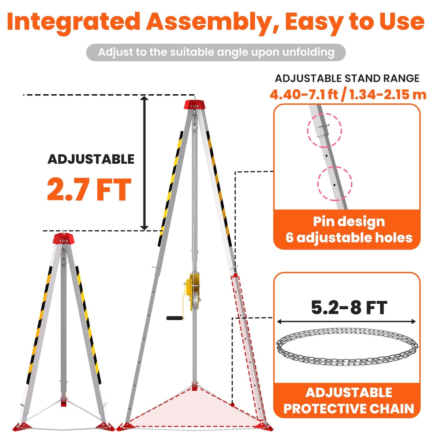 Confined Space Tripod Kit, 3000 Lbs Winch, Steel Confined Space Rescue Tripod with Adjustable 7' Legs & 98' Cable, 33' Fall Protection/Harness/8' Protection Chain, Safety Self-Locking Device