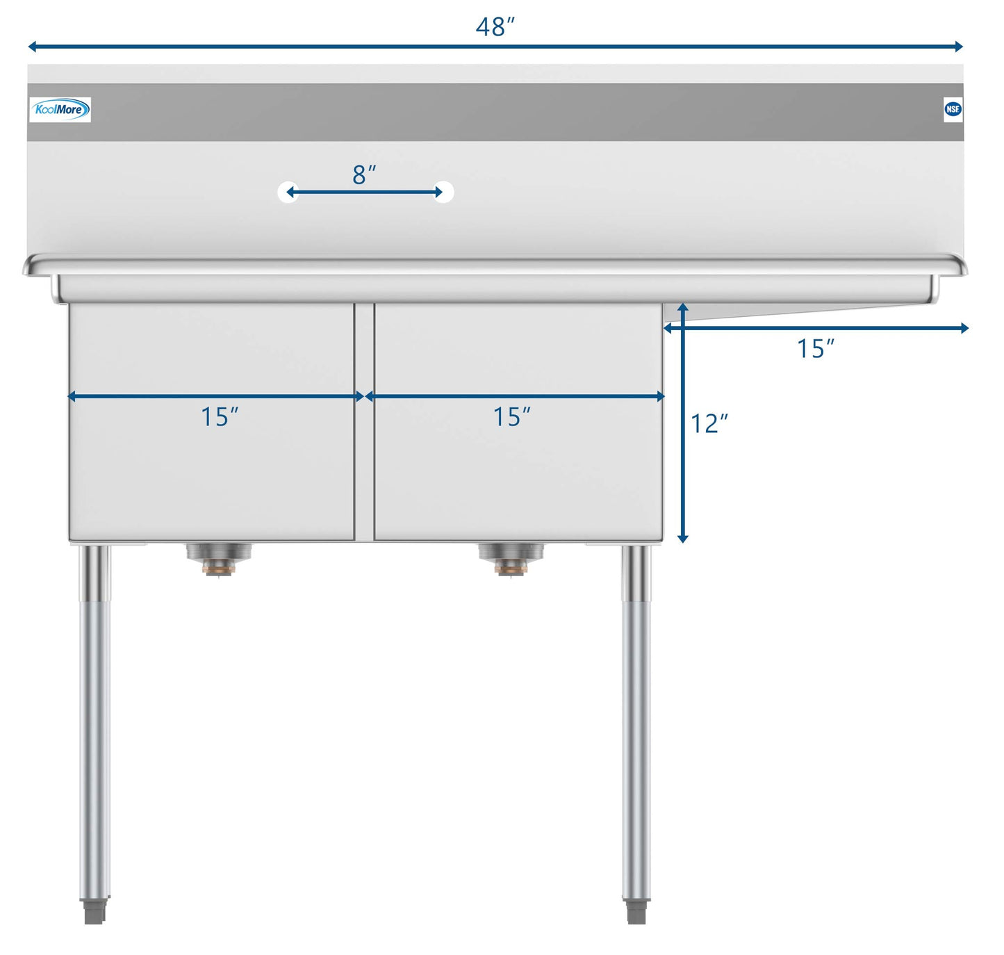 KoolMore - SB151512-15R3 2 Compartment Stainless Steel NSF Commercial Kitchen Prep & Utility Sink with Drainboard - Bowl Size 15" x 15" x 12", Silver