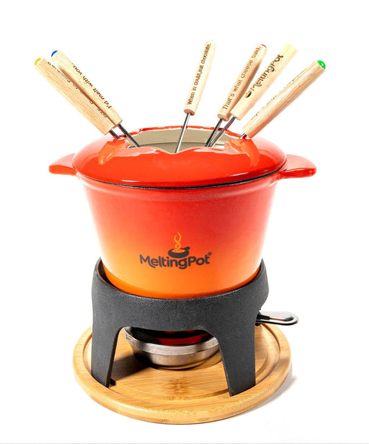 The Melting Pot Cast Iron Ombre Fondue Set – 1.6L Fondue Pot with Burner, Forks & Wood Base for Meat, Cheese & Chocolate Dipping