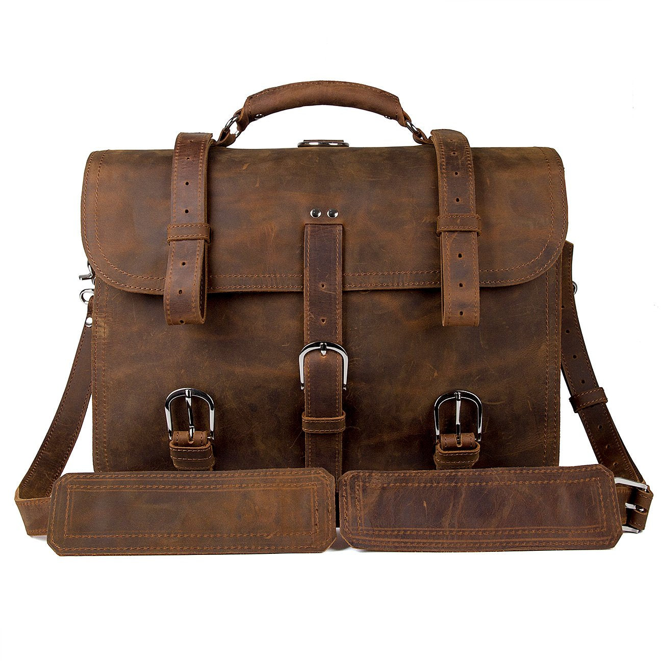Augus Leather Messenger Bag for Men Briefcase Travel Backpack Shoulder Bag Fit 17'' Laptop