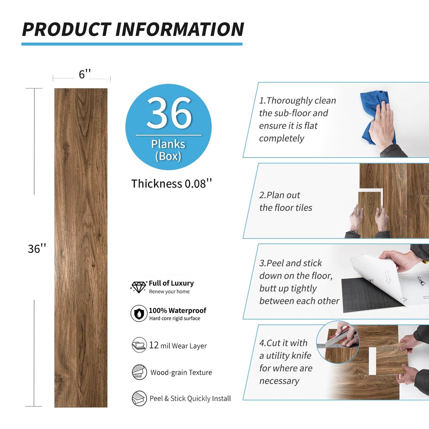 Art3d 36-Pack 54 Sq.ft Peel and Stick Floor Tiles Vinyl Plank Flooring Wood Look, Adhesive and Waterproof Tile Sticker for Bedroom, Living Room, Kitchen, RV in Rosewood