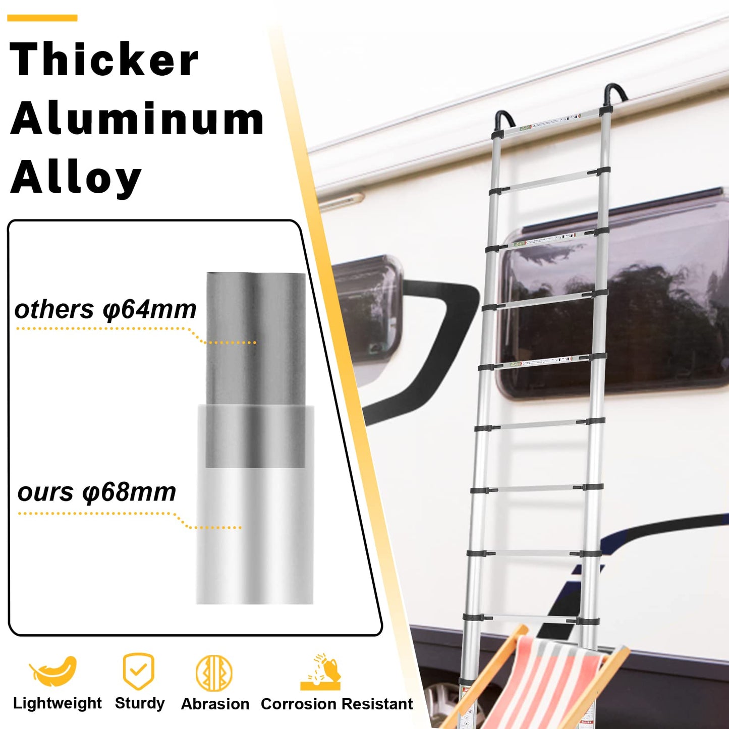 RIKADE Telescopic Ladder, 10.5 ft Aluminum Telescoping Ladder with Non-Slip Feet and Stable Hook, Portable Extension Ladder for Household and Outdoor Working, Max Load 330 lb, Aluminum