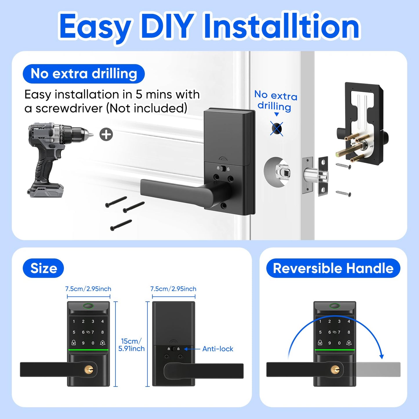Keypad Smart Door Lock with Handle, Keyless Entry Deadbolt for Front Door, Smart Auto Lock Deadbolt with Phone/Watch App Control, Biometric Fingerprint Gate Handle with 7 Ways to Unlock