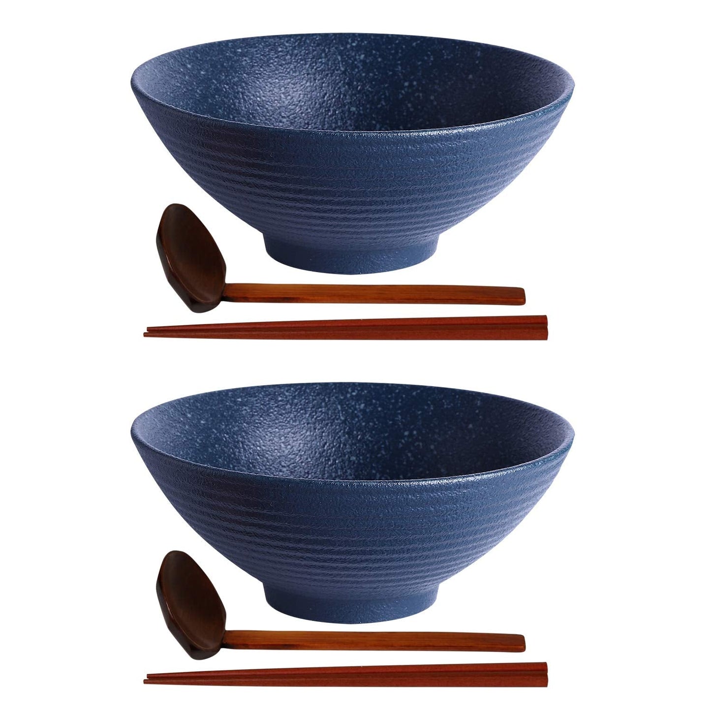 Kanwone Ceramic Japanese Ramen Bowl Set, Noodle Soup Bowls - 60 Ounce, with Matching Spoons and Chopsticks for Udon Soba Pho Asian Noodles, Set of 2, Navy