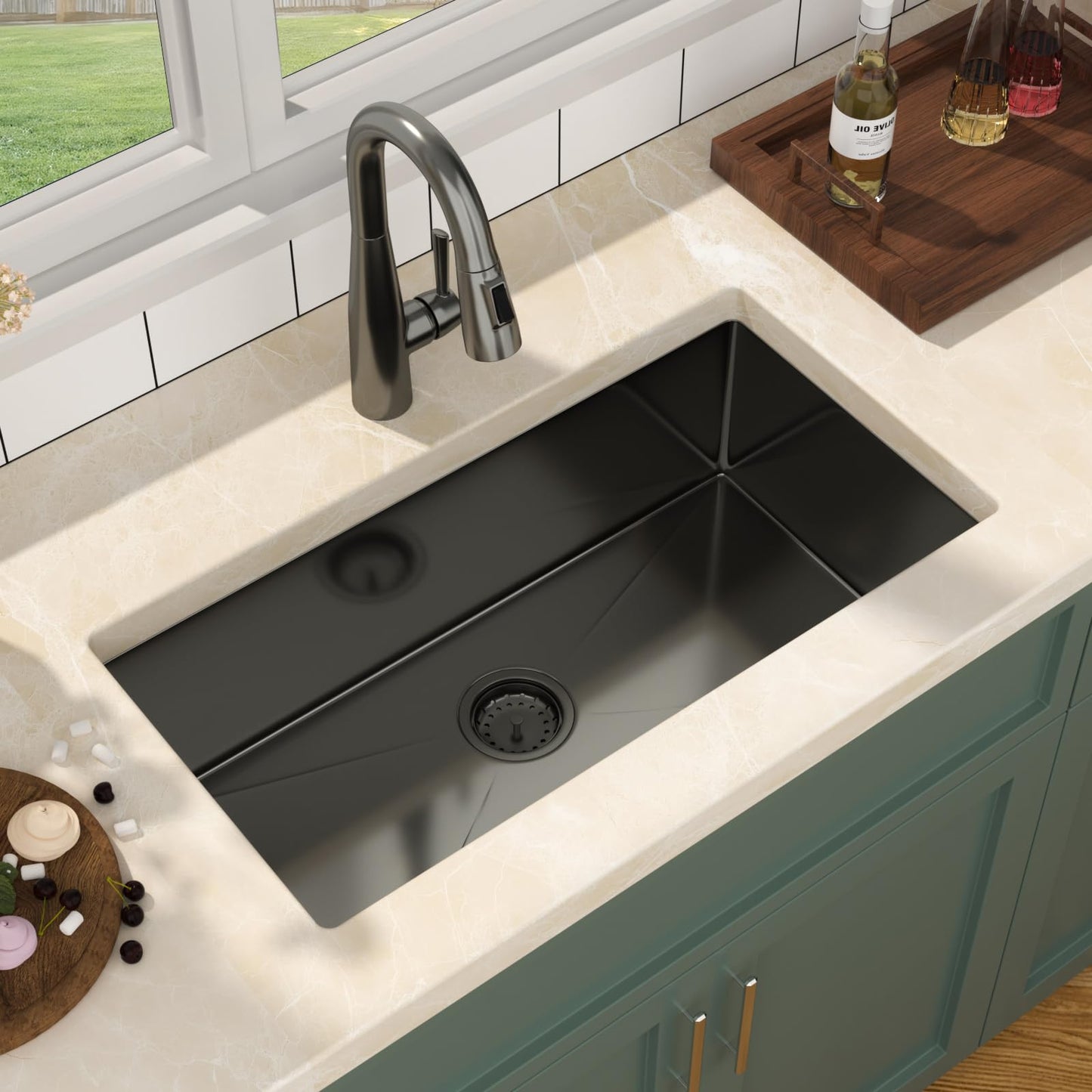 Mocoloo 30 Inch Undermount Kitchen Sink - 30"x16" Black T304 Stainless Steel Handmade Single Bowl Deep Basin Under Counter Sink with Drain Assembly