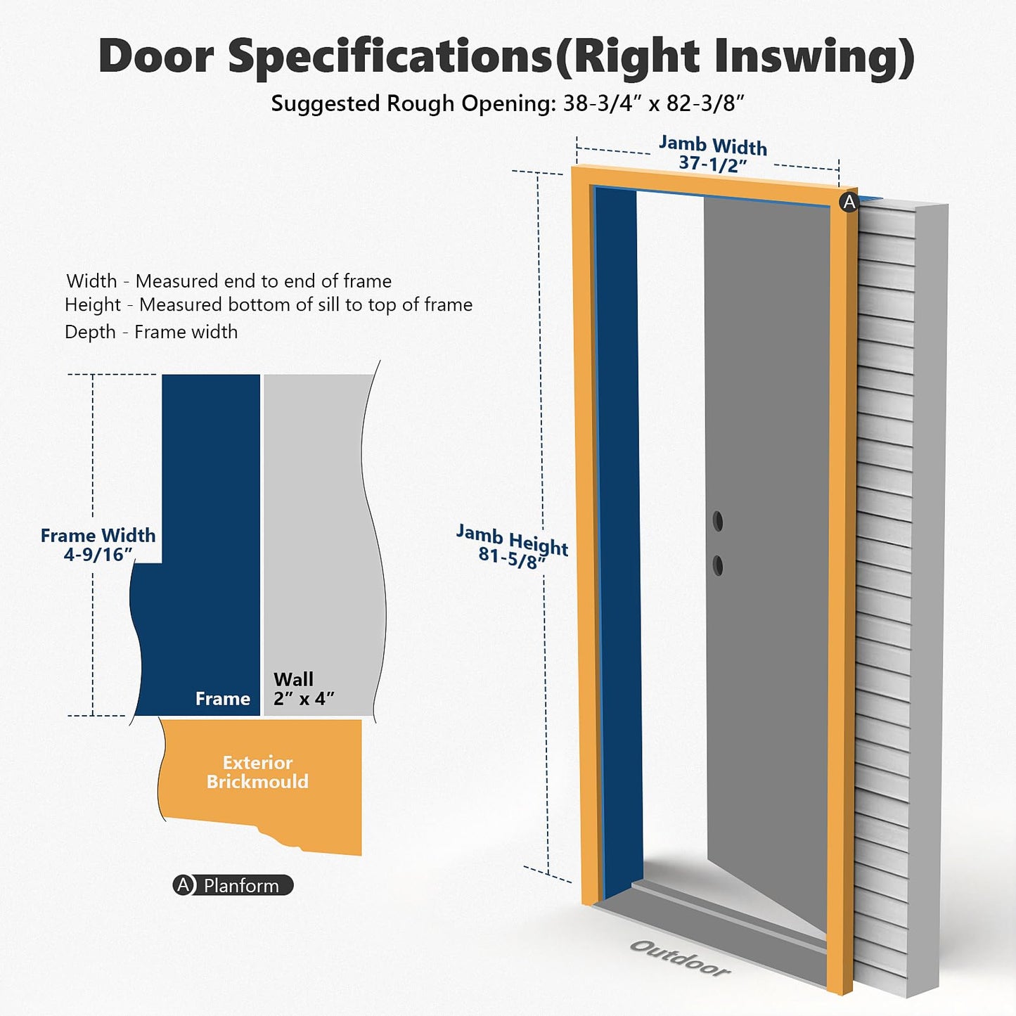 KHSHOW Fiberglass Entry Door, 36'' x 80" with Brickmould,Vinyl Frame,White Primed, Right Hand Inswing, Front Entry Knock-Down Door, 2-Panel Craftsman, 6-Lite Low-E Glass