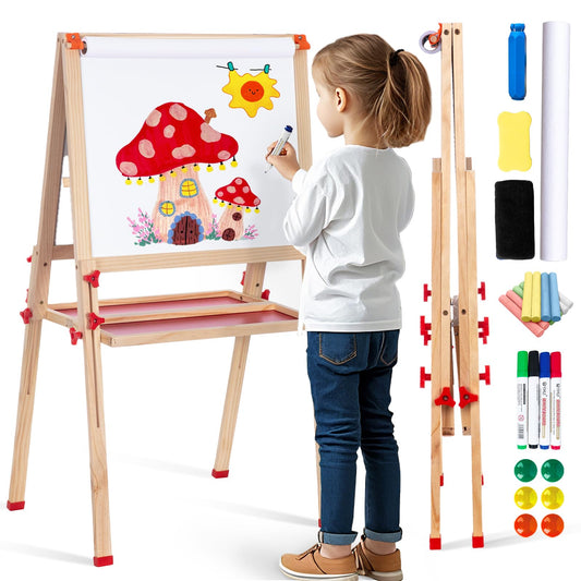 Wooden Adjustable Easel for Kids, Quick-Fold Kids Easel with Paper Roll&Accessories, Double Sided Painting Easels for Toddlers 3,4,5,6,7,8,9,10 Years, Perfect Painting Gifts&Supplies for Boys&Girls