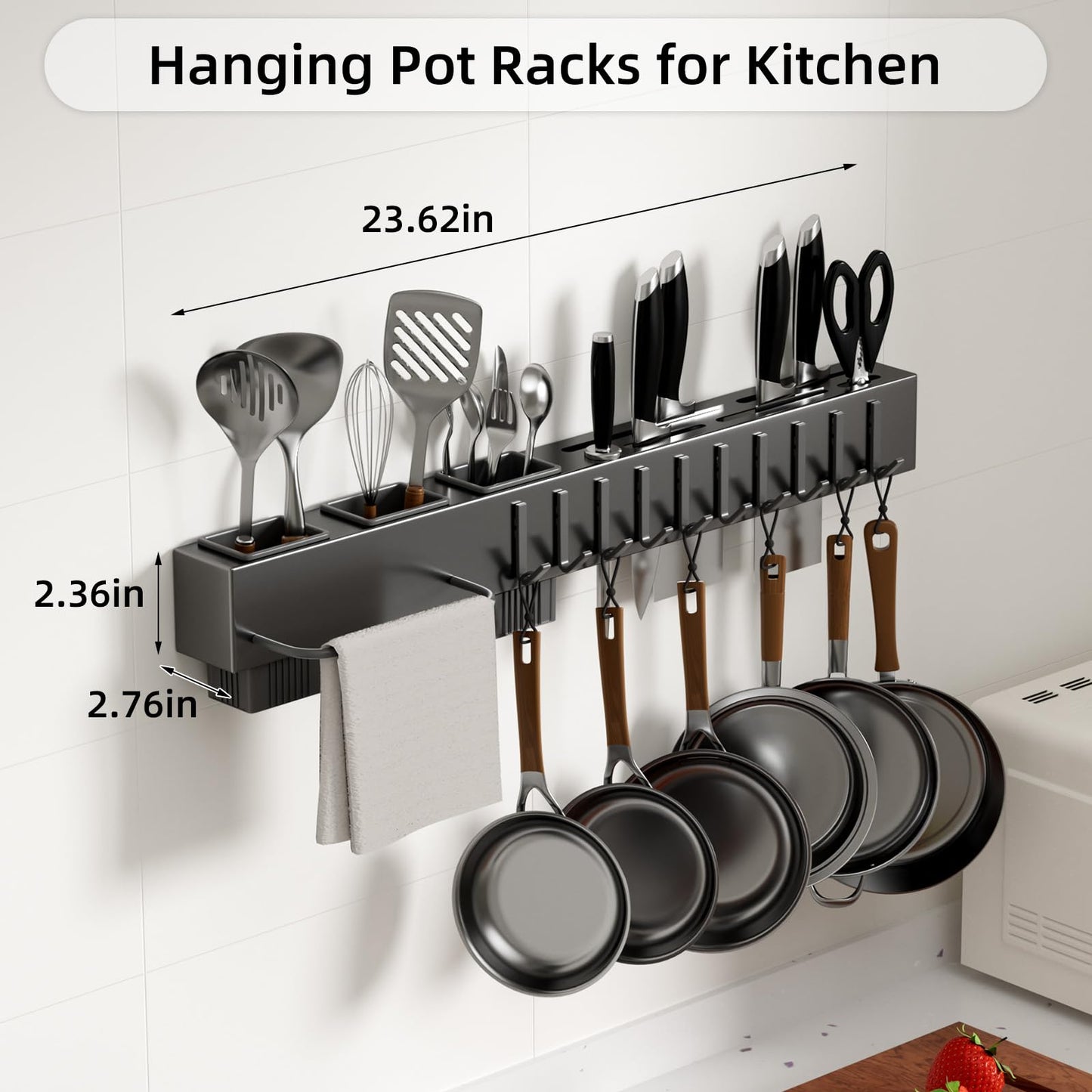 NAT MEYA Stainless Steel Pot and Pan Hanger,Wall Mounted Pot Rack Kitchen Hanging Rail With S Hooks,Detachable Pans Hanging Rail Kitchen Utensils Hanger,23.7 Inch Wall Mounted Hanging Pot Rack