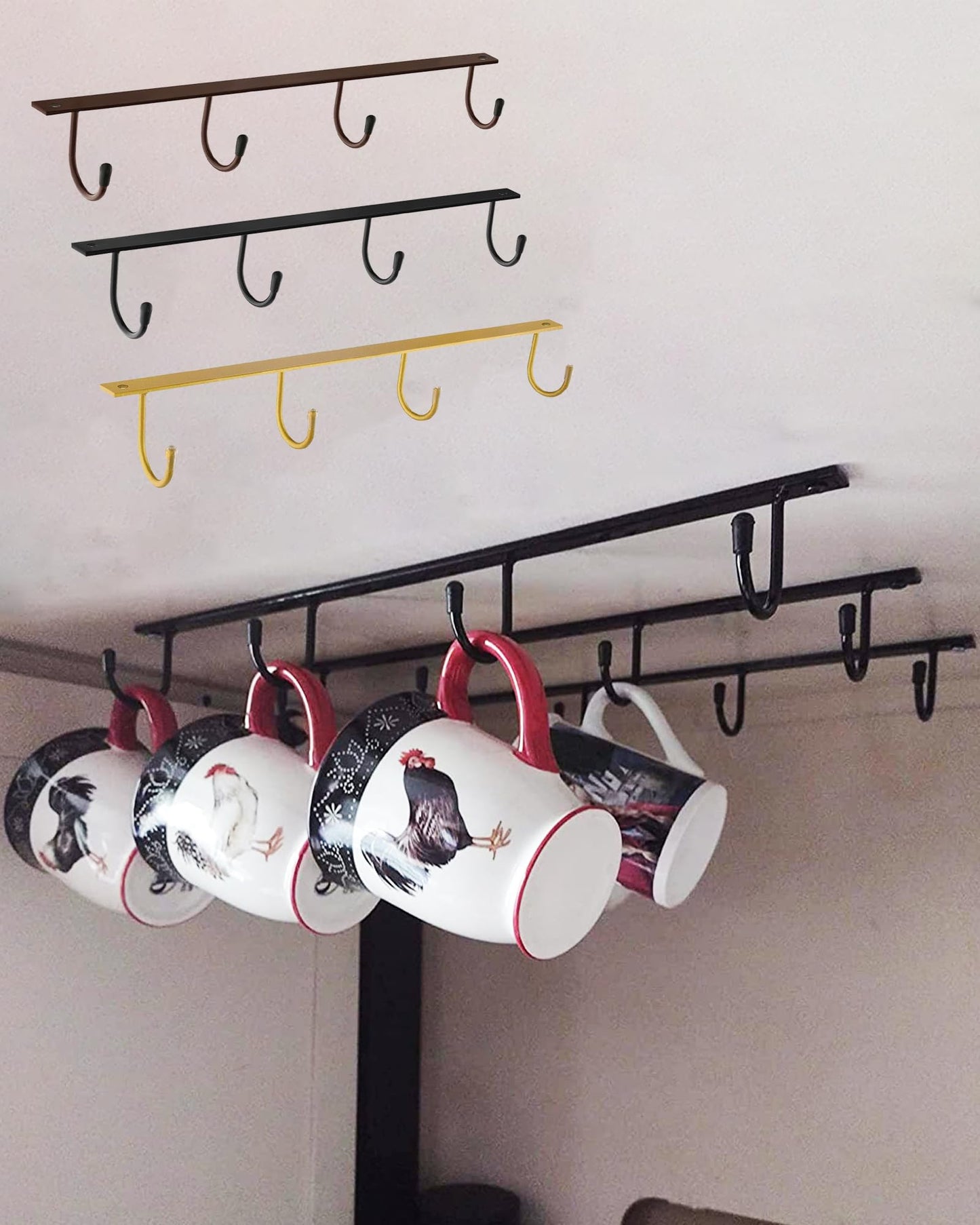 YQBOOM Mug Hanger Under Cabinet 3 Pcs Metal Coffee Hooks Wall Mounted Coffee Cup Rack Mug Storage Organizer for Kitchen Dining Bar - Black
