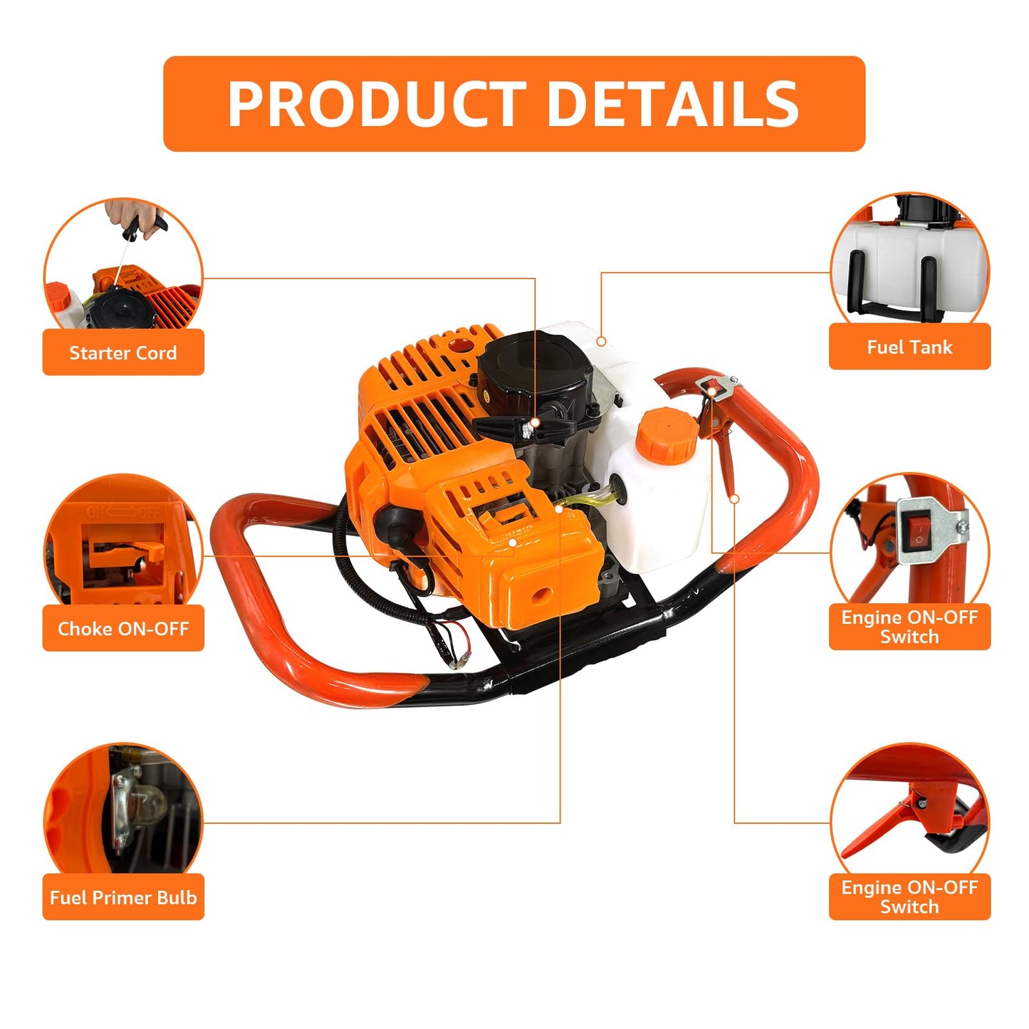 XJADQW 62CC 2-Stroke Gas Powered Post Hole Digger with 3" & 5" & 8" Auger Bits + 24“ & 24" & 24" Extension Rod, Heavy Duty Earth Auger for Farm, Garden, Landscaping, Construction