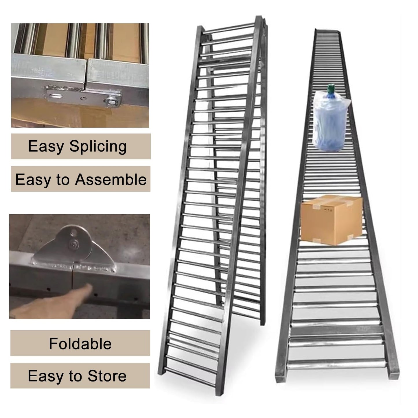 Adjustable Height Stainless Steel Gravity Conveyor for Warehouse Freight Handling & Unloading - Durable Rollers for Logs, Cartons & Woodworking - Silver, 40cm Width