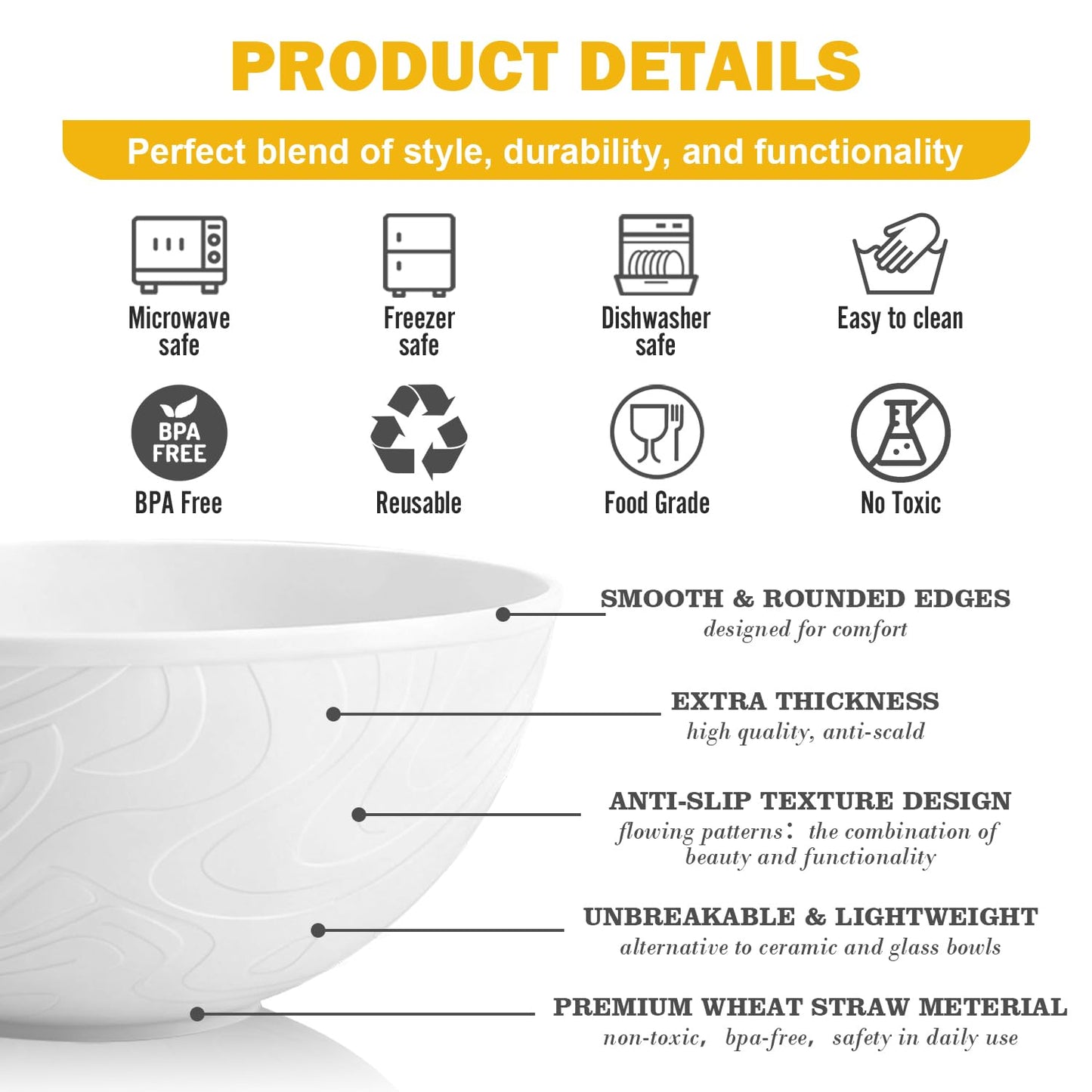 Perlapoc Wheat Straw Cereal Bowls 40 OZ, Unbreakable Bowls Set of 6, Microwave & Dishwasher Safe Bowl for Kitchen, Reusable Plastic Bowl for Cereal, Soup, Salad and Ramen, White