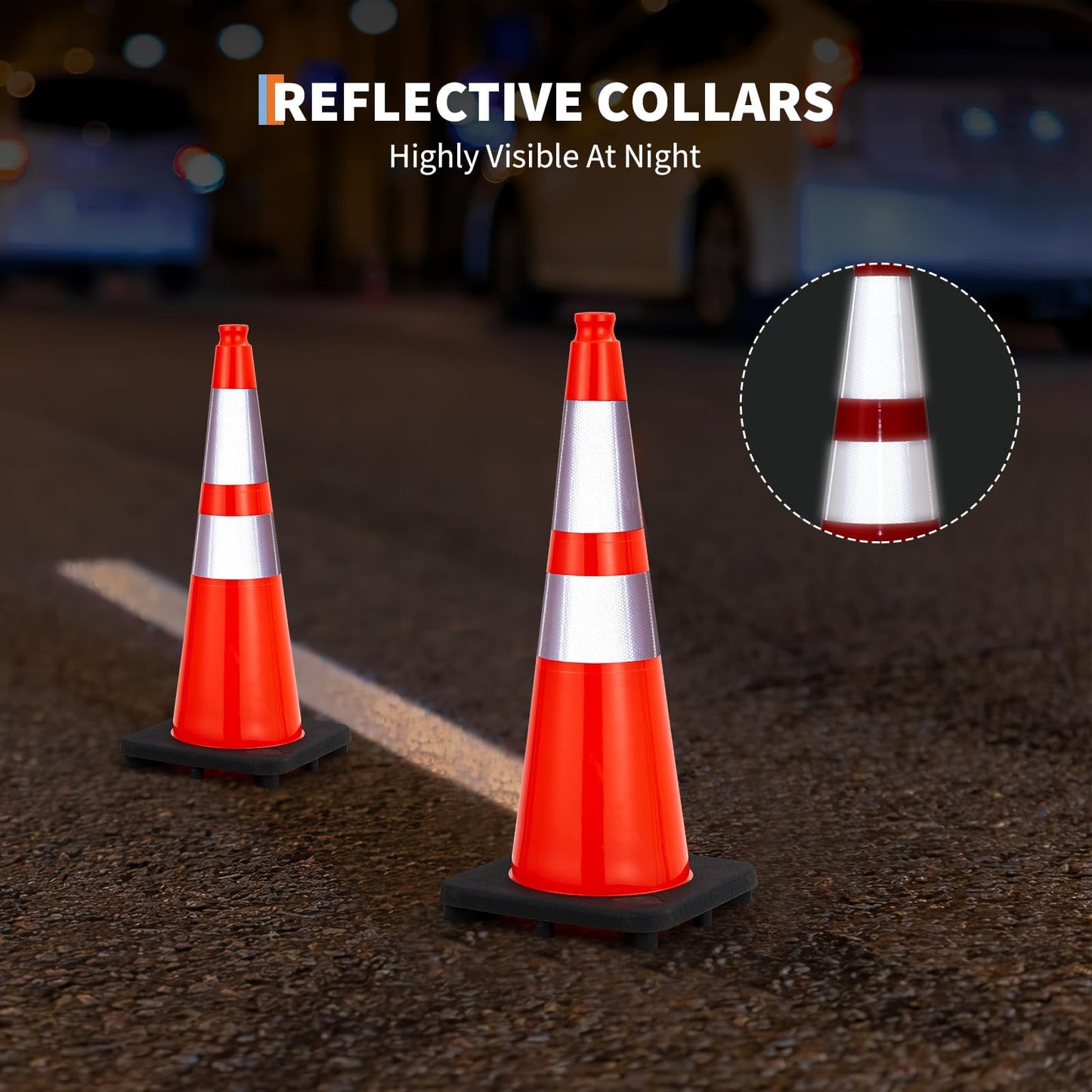 28 Inch Traffic Cones, Heavy-Duty Orange PVC Safety Cones with 2 Reflective Collars - for Road Parking, Construction, and Hazard Safety，8 Pack