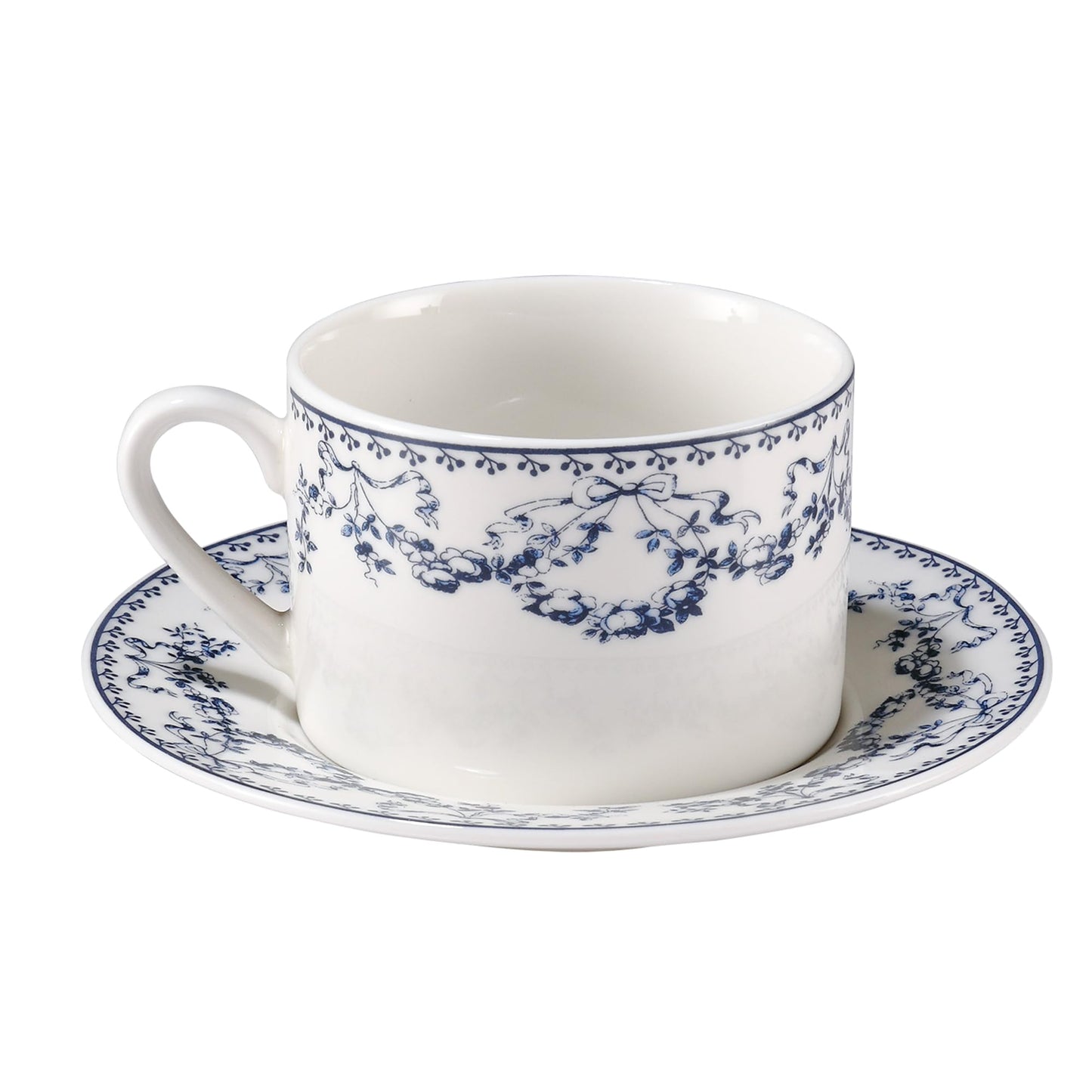 fanquare 8 oz Blue Floral Coffee Cup and Saucer Set, Hand-Printed Bow Flower Procelain Tea Cups for Espresso Latte Cappuccino Home Tea Party Gifting