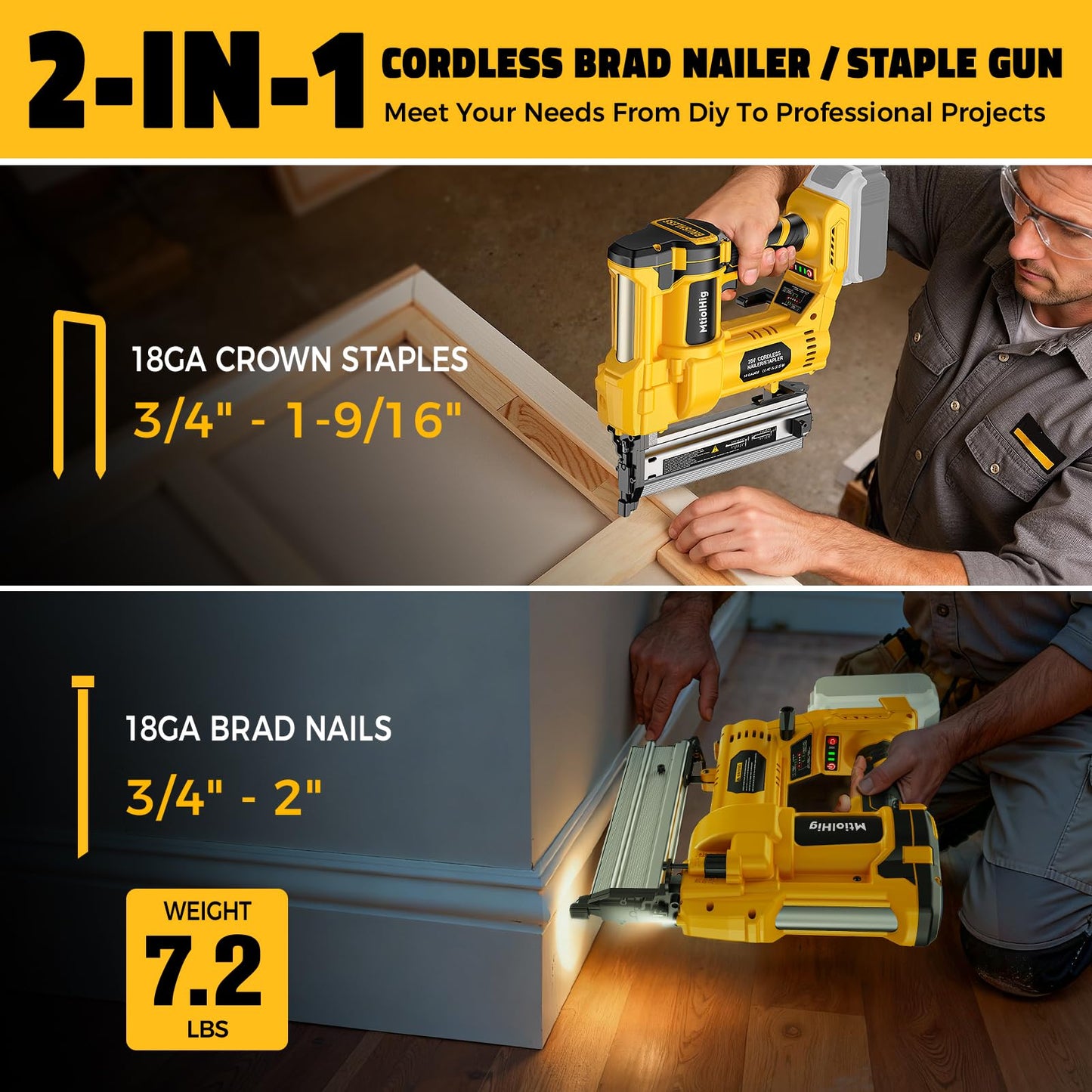 MtiolHig Cordless 2Inch Brad Nailer Compatible with Dewalt 20V Battery, 2-in-1 Staple Gun, 18 Gauge Nail Gun Battery Powered with 1000 Nails for Wood Carpentry, 7.2LB (Tool only) 2026 New Version