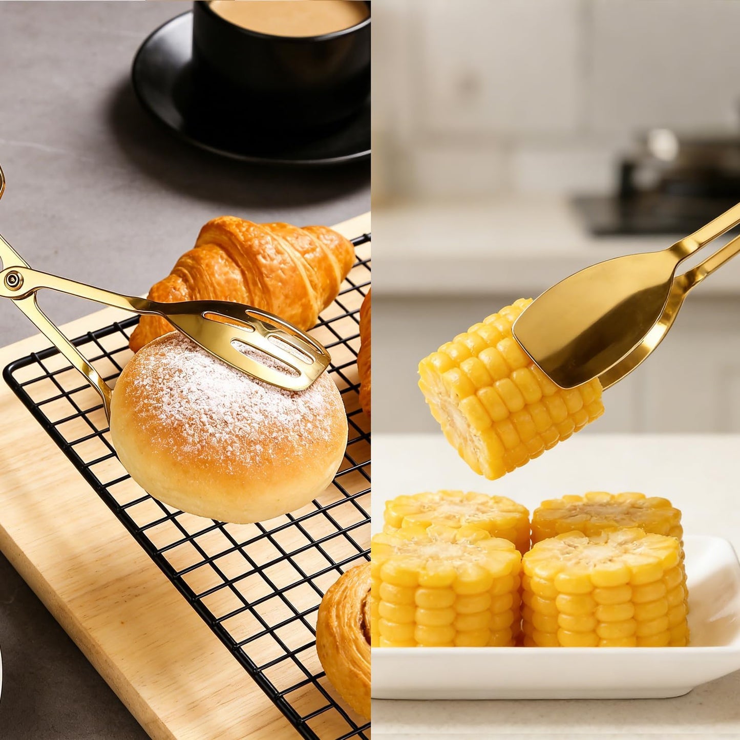 Premium Gold Salad Tongs for Serving - 10-Inch Stainless Steel Scissor Tongs, Heavy Duty Metal Salad Tossers with Comfort Grip, Elegant Food Serving Utensils for Tossed Salad, Fruit & Parties