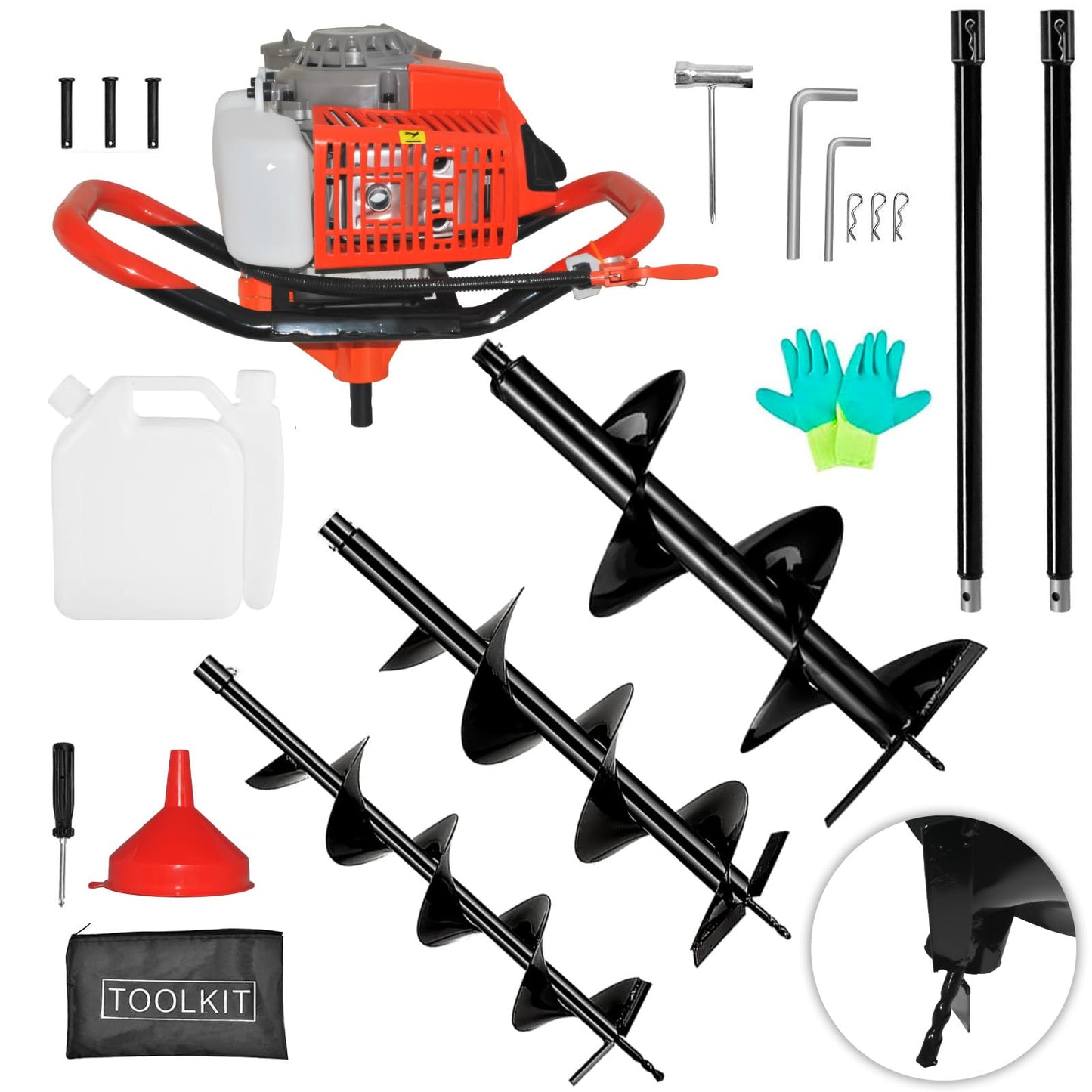 Post Hole Digger, 72CC 2 Stroke Auger Post Hole Digger, Gas Powered Earth Digger 3 Auger Drill Bits(4" & 8" & 12") and 2 Extension Rods for Farm Garden Plant