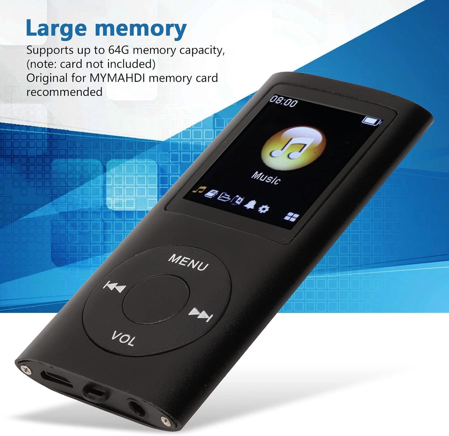 Locadence MP3 1.8 MP3 64GB Portable Player, Slim Stylish Multifunctional Music Player with LCD Screen, Aluminum Alloy
