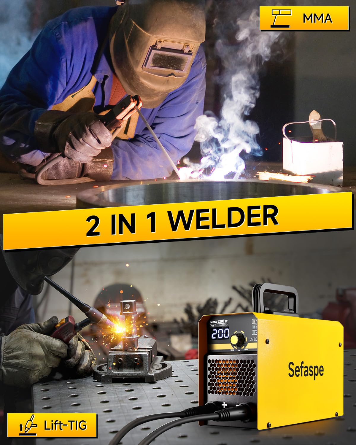 Sefaspe Stick Welder, 2026 Newest [Large LED Display] 200A ARC/Lift TIG Welding Machine with Synergic Control, IGBT Inverter Portable MMA Welder Machine with Hot Start/Arc Force