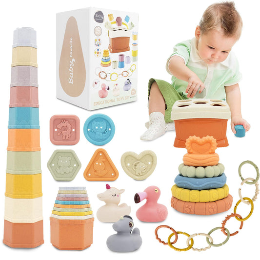 BYFWH Shape Sorter for Toddler 1-3, 5 in 1 Montessori Baby Toys for Infants 6-48 Months, Sorting & Stacking Toy for Fine Motor Skills, Sensory Learning Set with Rings Link, Birthday Gift