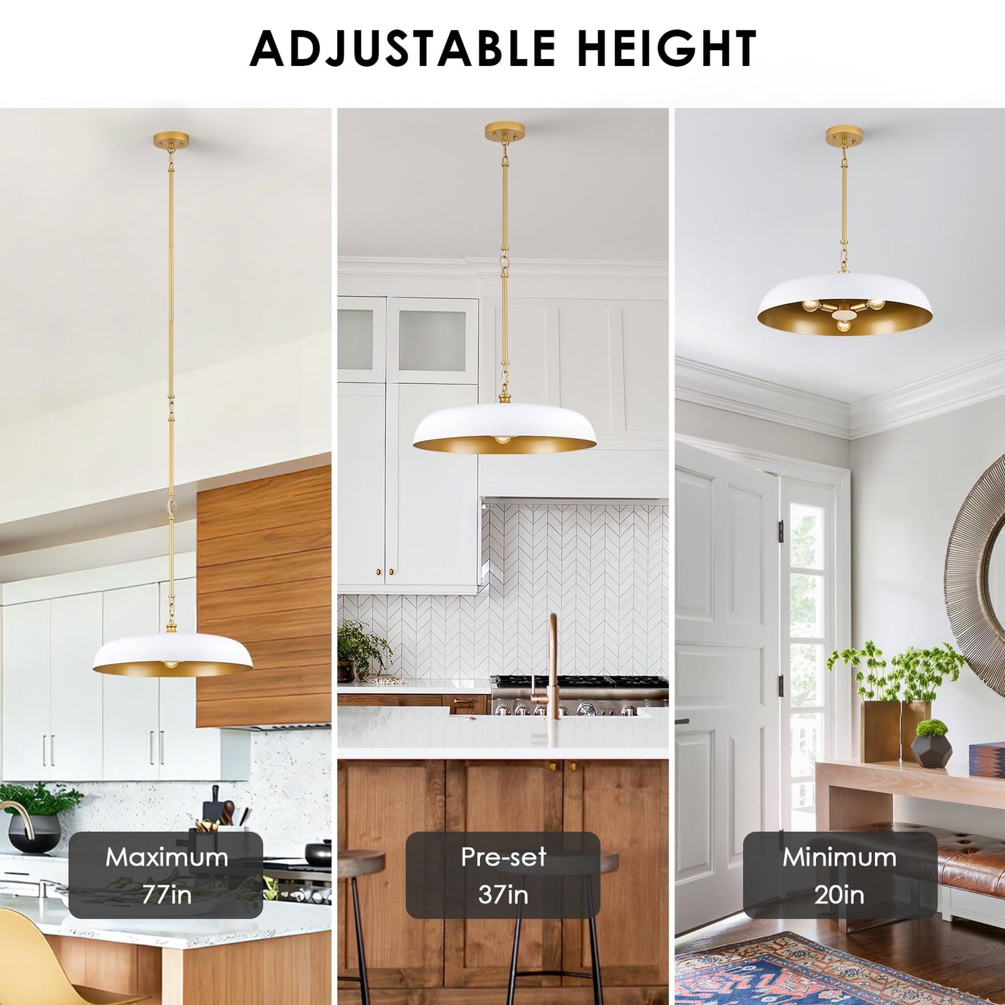 Large Pendant Light 20in White and Gold Dome Pendant Lights 3 Light Socket Pendant Light Fixture with Adjustable Pendant Lighting for Kitchen Island Dining Room Kitchen Sink, E12