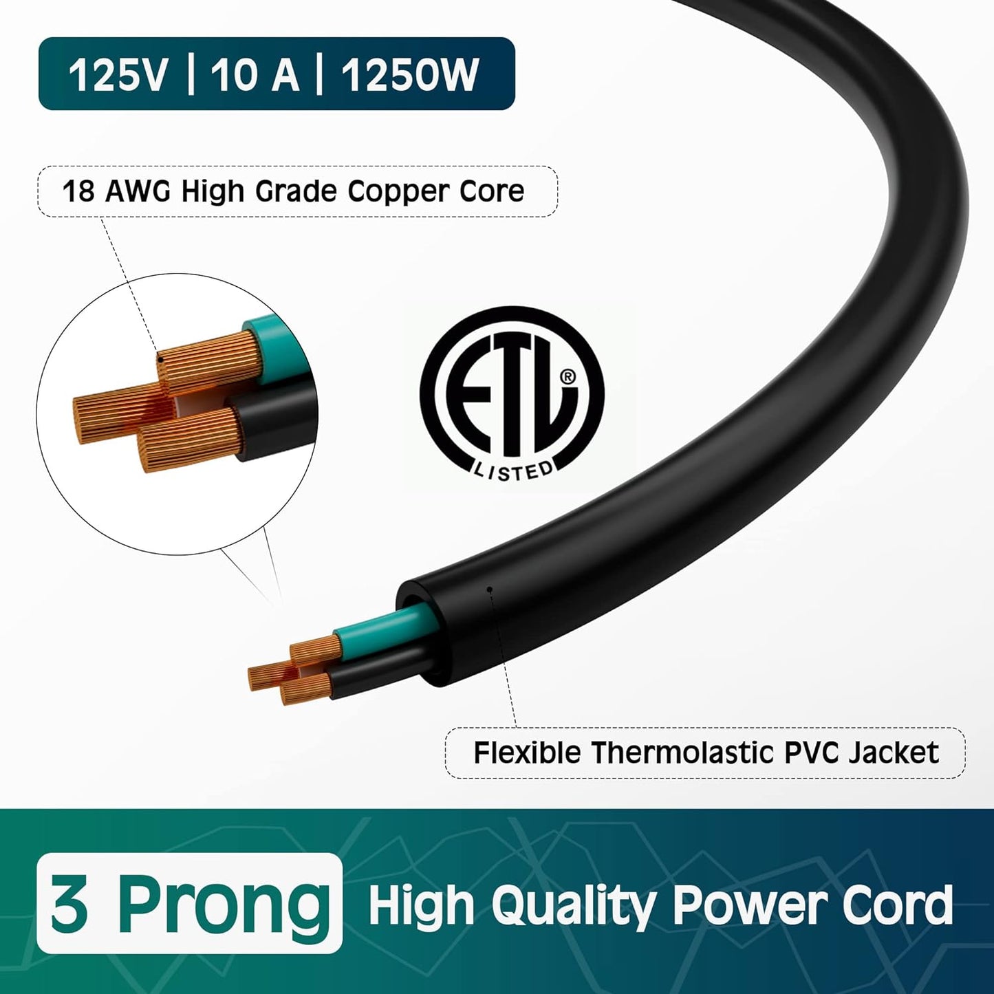 Elecan 3-Prong 45 90 5 Ft/2 Pack, 18AWG 125V 10A Degree Flat to Angled Plug Replacement Power Cord Heatproof Flexible